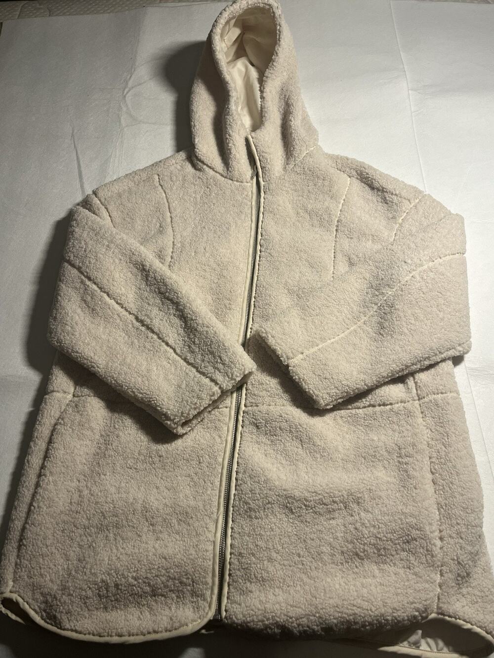 H&M Women’s Medium Cream Sherpa Teddy Fleece Hooded Long Coat Full Zip Jacket